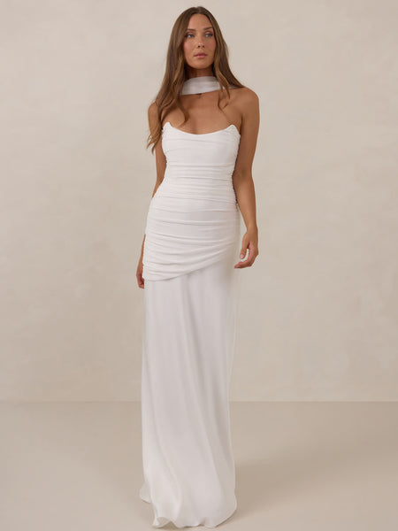 Serena Dress | Off White Satin | Lined | Fitted Bodice
