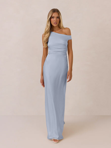 Savannah Dress | Powder Blue Satin Midi Bridesmaid Dress (Size XS) | 100% Recycled Fabric