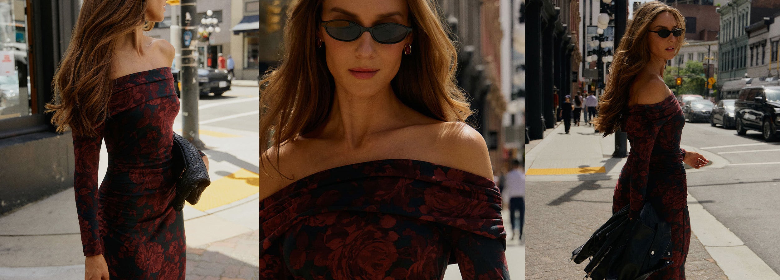 Woman in burgundy and black floral knit dress walking down the street.